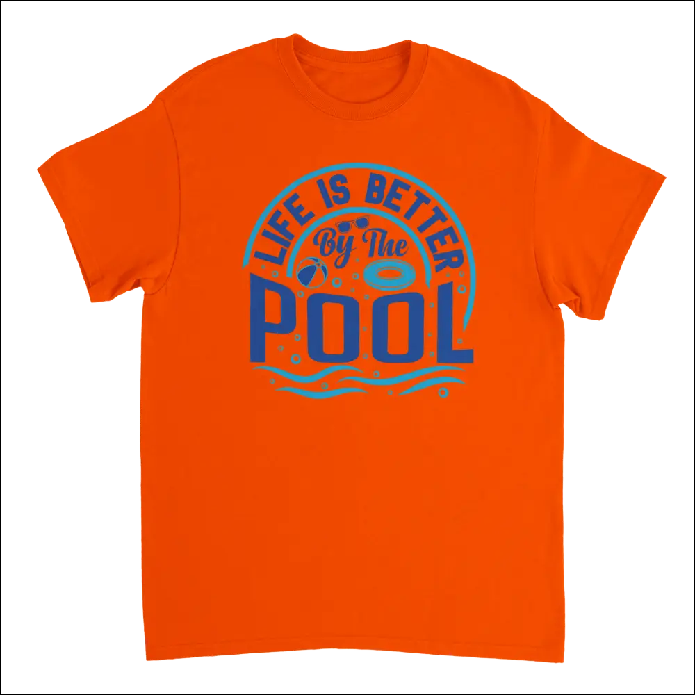 Vibrant orange Life is Better by the Pool t-shirt with blue graphic