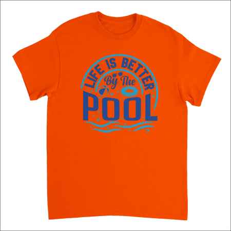 Vibrant orange Life is Better by the Pool t-shirt with blue graphic