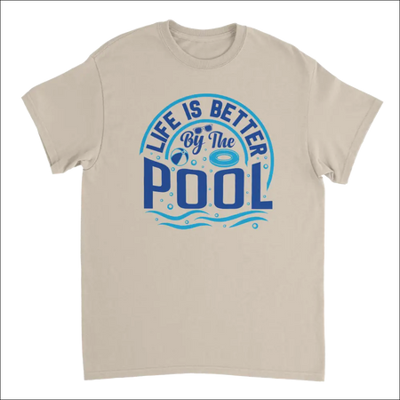 Beige short-sleeved Life is Better by the Pool T-shirt with blue pool graphic
