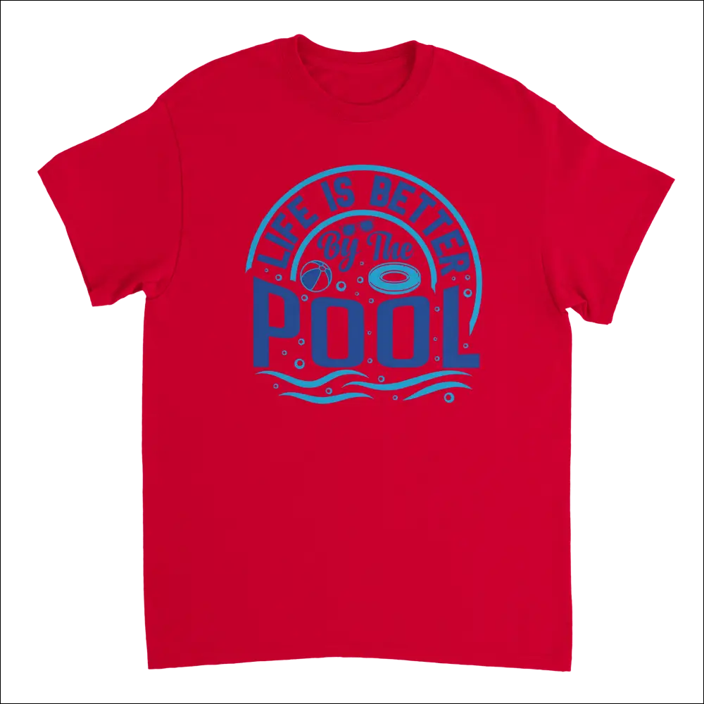 Vibrant red Life is Better by the Pool T-shirt with bold blue graphic