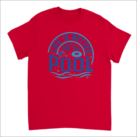 Vibrant red Life is Better by the Pool T-shirt with bold blue graphic