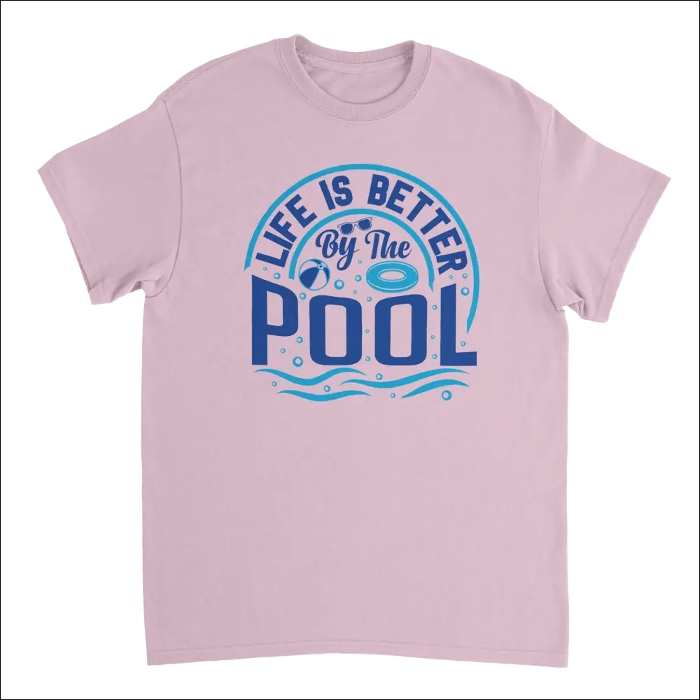 Soft pink Life is Better by the Pool t-shirt with blue graphic, goggles, and beach ball