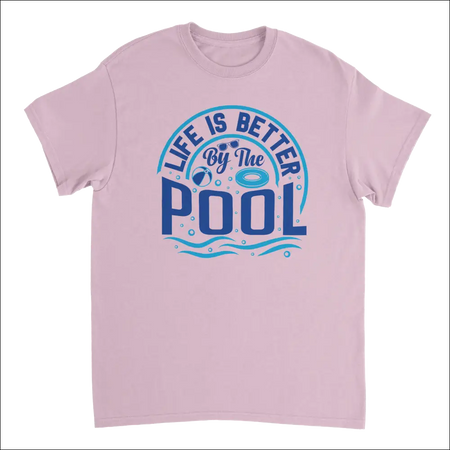 Soft pink Life is Better by the Pool t-shirt with blue graphic, goggles, and beach ball