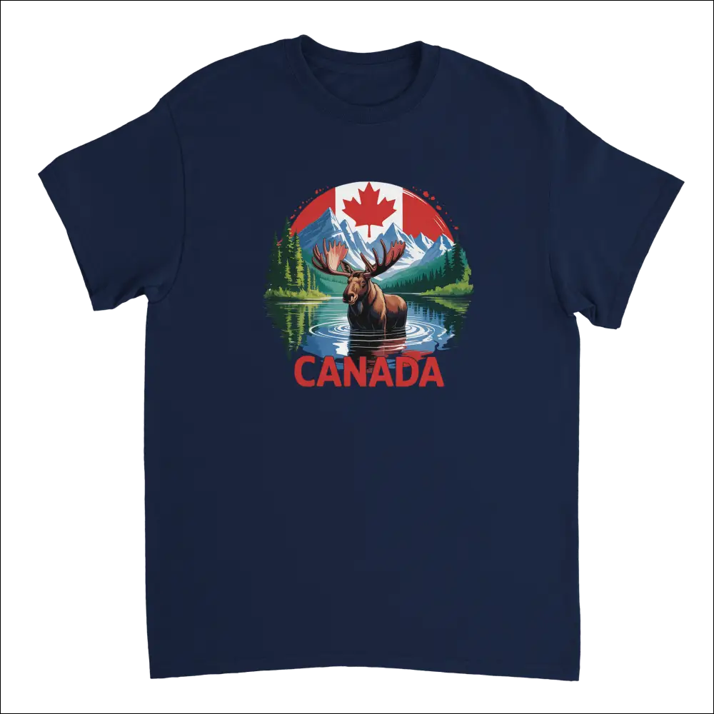 Majestic Canadian Moose navy blue t-shirt with vibrant graphic and red Canada text