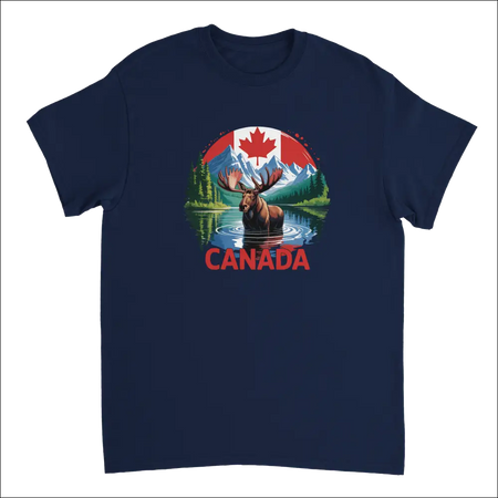 Majestic Canadian Moose navy blue t-shirt with vibrant graphic and red Canada text