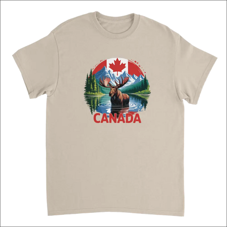 Majestic Canadian Moose T-Shirt: beige heavyweight cotton tee with vibrant moose, mountains, flag graphic