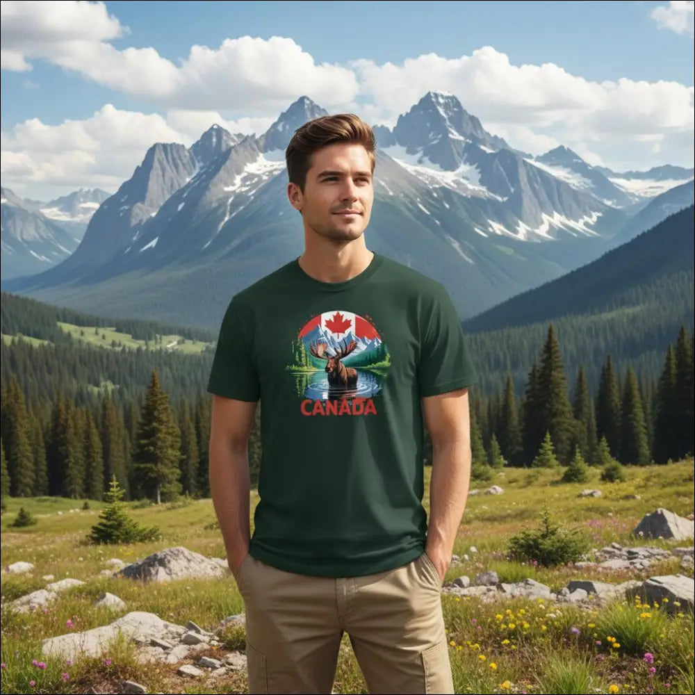 Majestic Canadian Moose T-Shirt with dark green cotton, vibrant graphic of moose, mountains, Canada