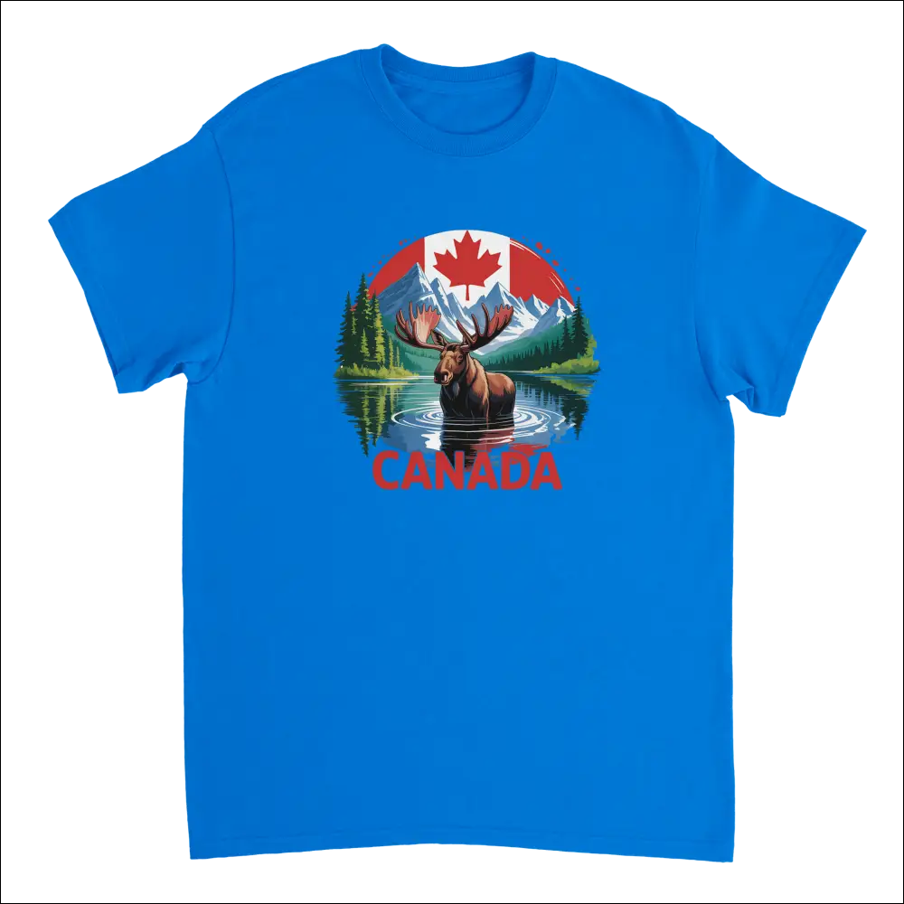 Majestic Canadian Moose T-Shirt: Bright blue cotton with vibrant moose graphic