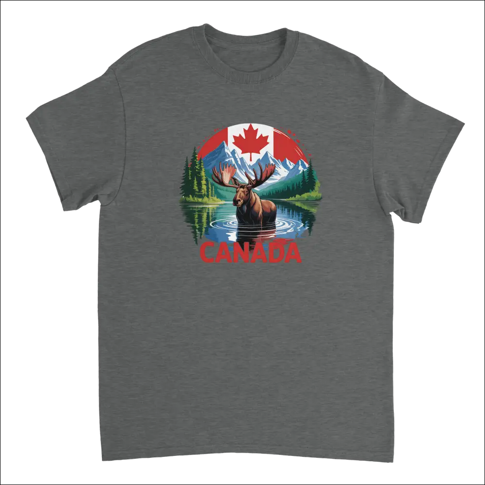 Majestic Canadian Moose T-Shirt: Dark gray cotton with vibrant graphic