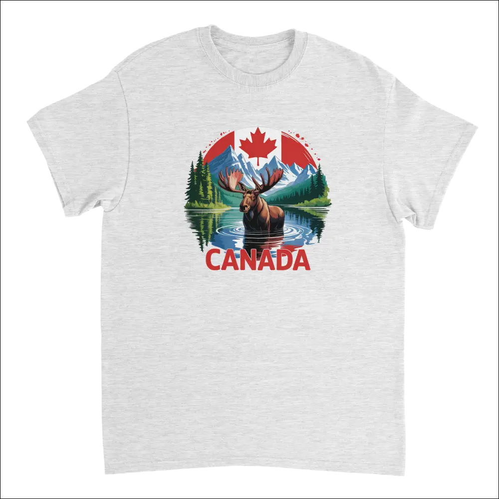 Majestic Canadian Moose T-Shirt in heather gray cotton with vibrant graphic