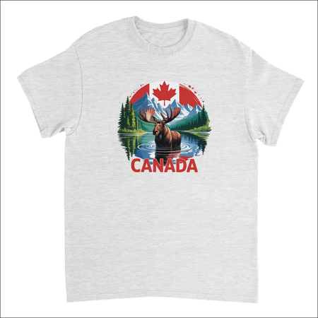 Majestic Canadian Moose T-Shirt in heather gray cotton with vibrant graphic