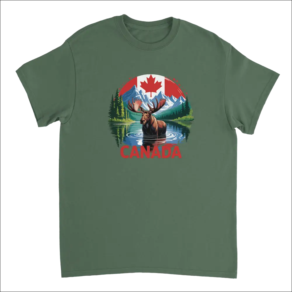 Majestic Canadian Moose t-shirt in olive green with vibrant graphic