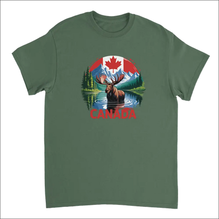 Majestic Canadian Moose t-shirt in olive green with vibrant graphic
