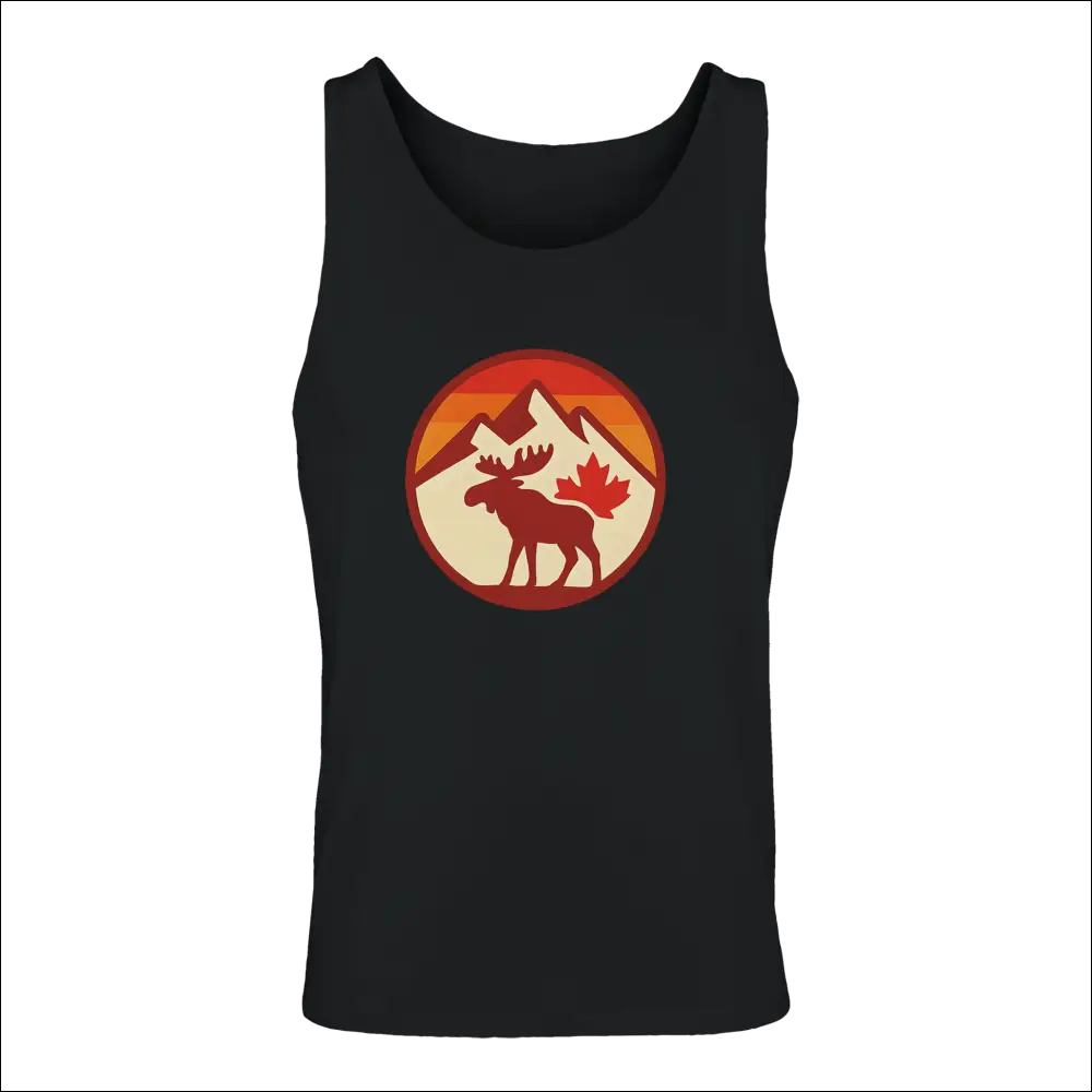 Men’s black premium cotton tank with moose maple leaf graphic on orange mountains by KPAP Canada