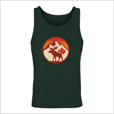 Dark green mens premium cotton tank top with orange moose graphic by KPAP Canada