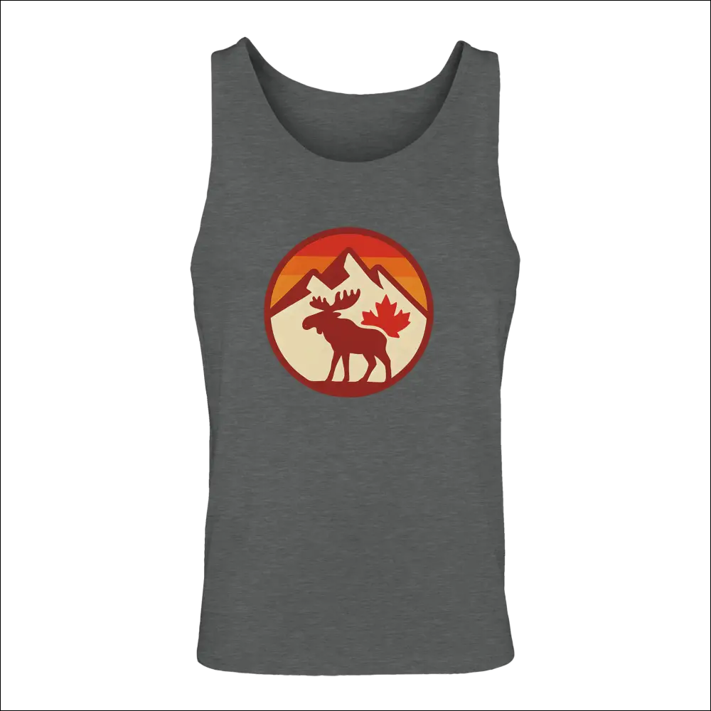 Men’s dark gray KPAP Canada tank with moose, mountains, maple leaf graphic