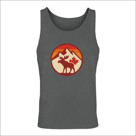 Men’s dark gray KPAP Canada tank with moose, mountains, maple leaf graphic