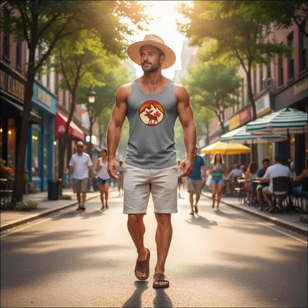 Gray tank top with orange brown moose, mountains, sunburst graphic by KPAP Canada