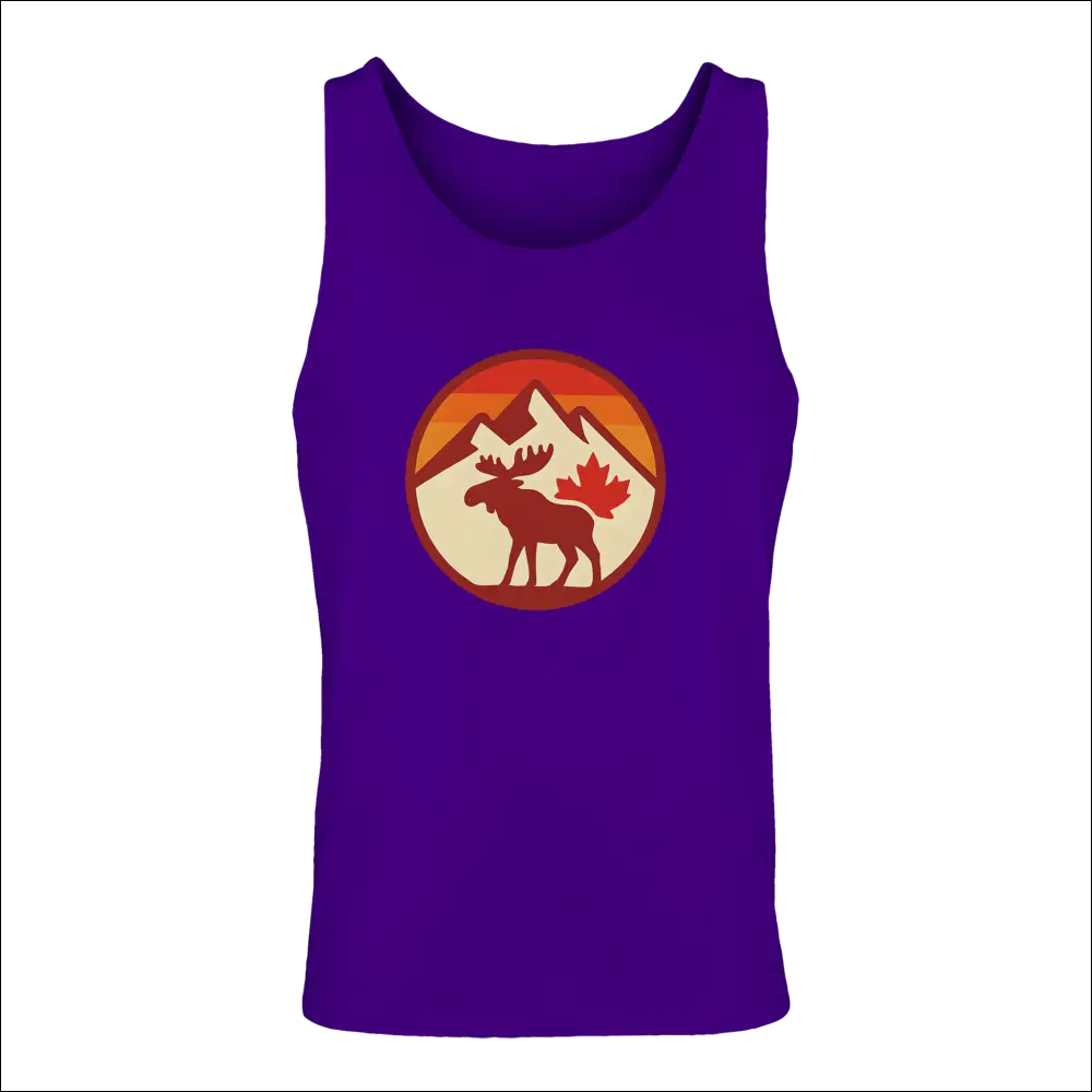 Purple mens tank top with moose, mountains, maple leaf graphic by KPAP Canada