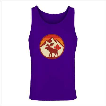 Purple mens tank top with moose, mountains, maple leaf graphic by KPAP Canada