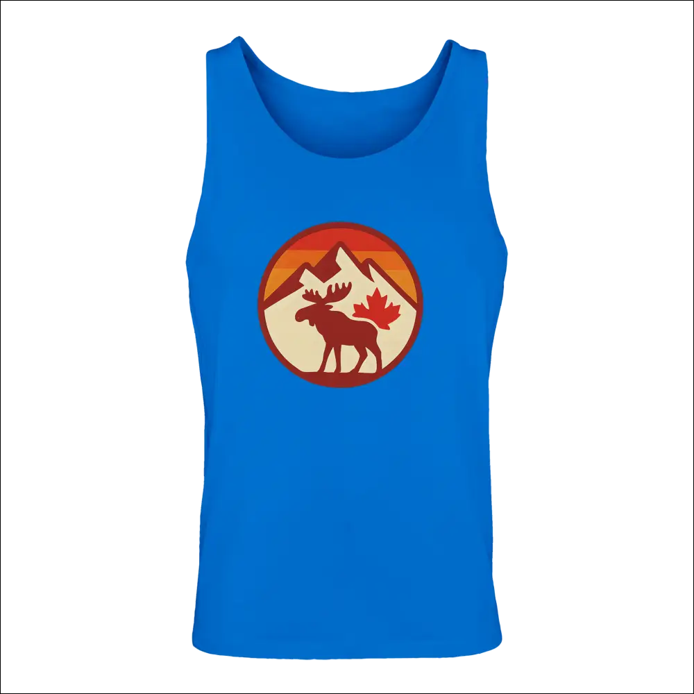 Bright blue mens premium cotton tank with moose, mountains, red maple leaf graphic on orange sunset