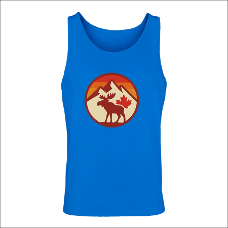 Bright blue mens premium cotton tank with moose, mountains, red maple leaf graphic on orange sunset