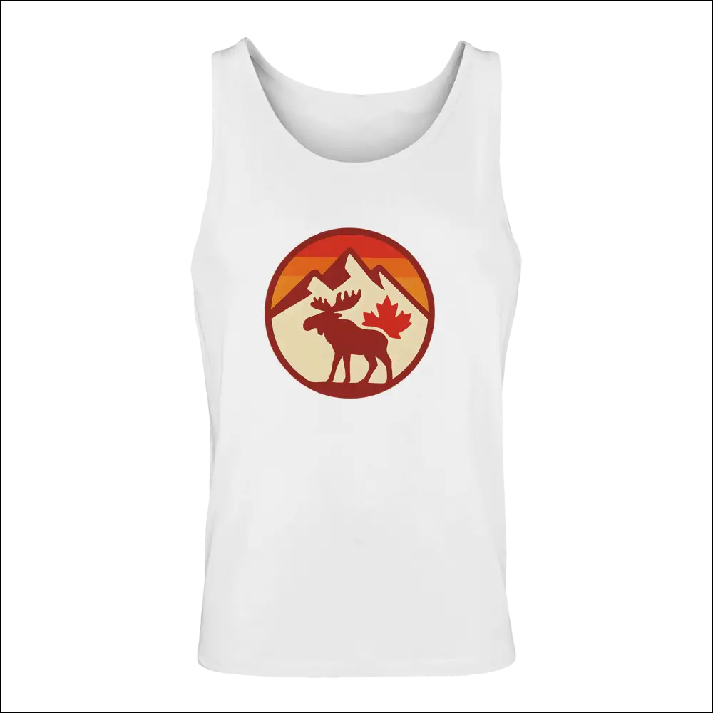 Men’s premium cotton tank with moose, maple leaf graphic on orange mountain silhouette by KPAP Canada