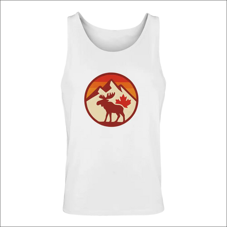 Men’s premium cotton tank with moose, maple leaf graphic on orange mountain silhouette by KPAP Canada