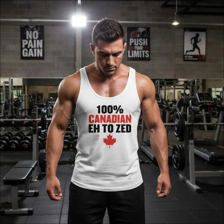 Men’s white tank top with 100% Canadian Eh to Zed text and red maple leaf