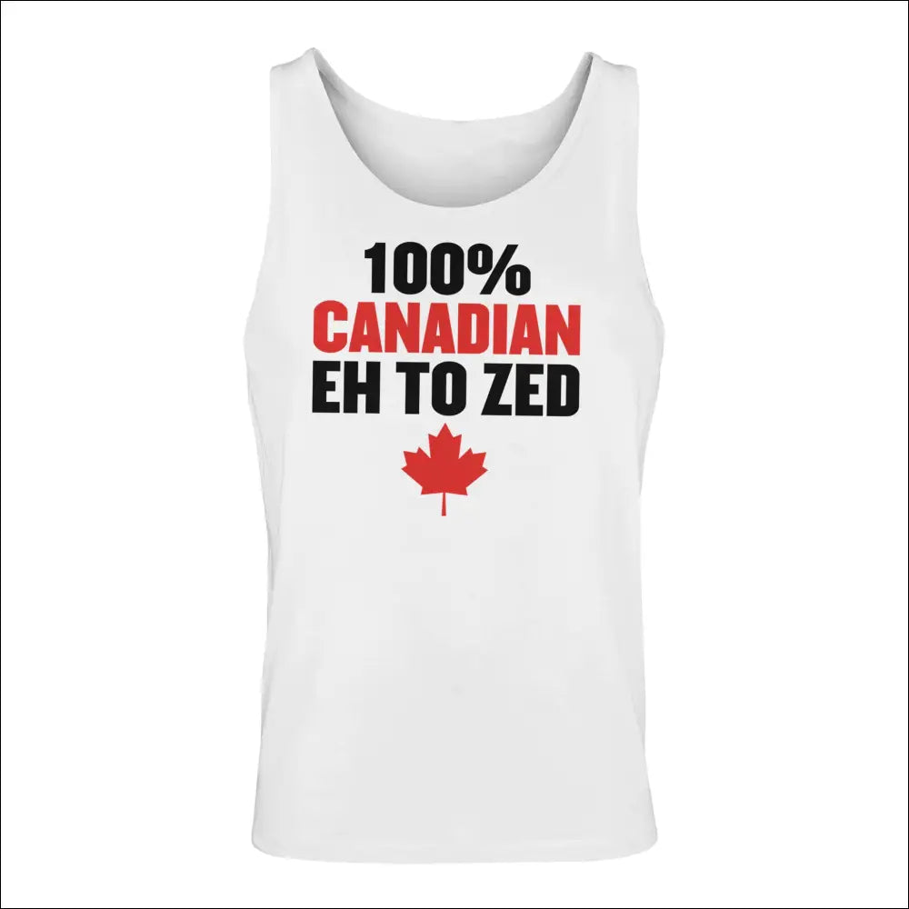 Men’s white tank top with 100% Canadian Eh to Zed text and red maple leaf