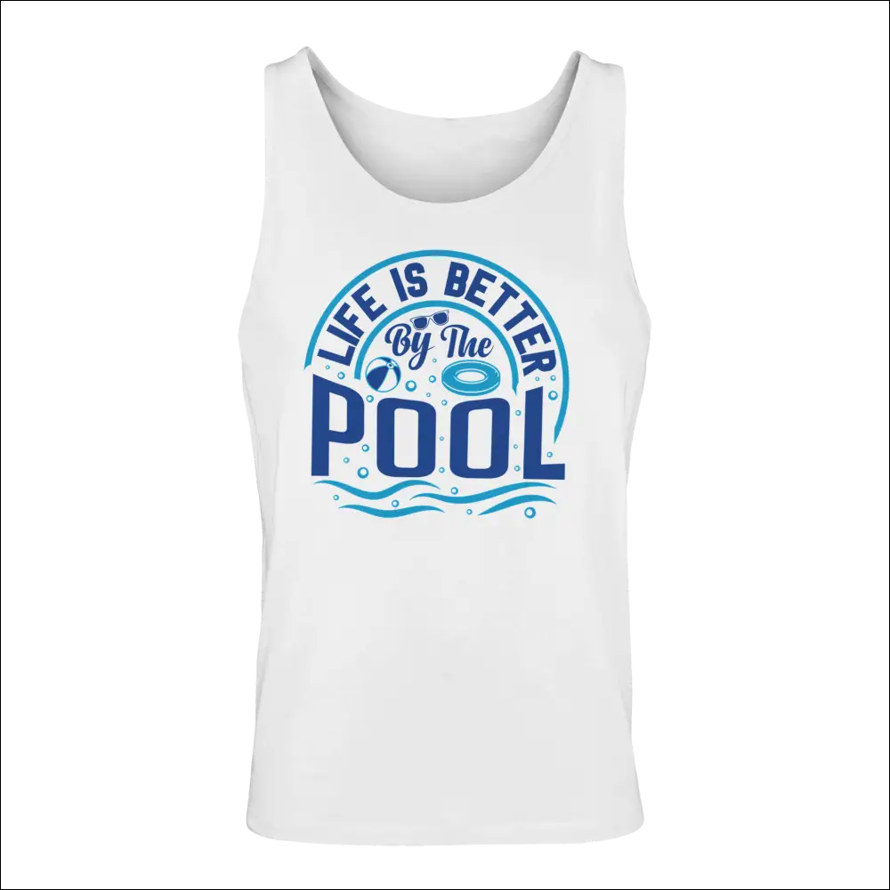 Men’s white classic fit tank top with blue pool life graphic