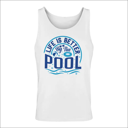 Men’s white classic fit tank top with blue pool life graphic