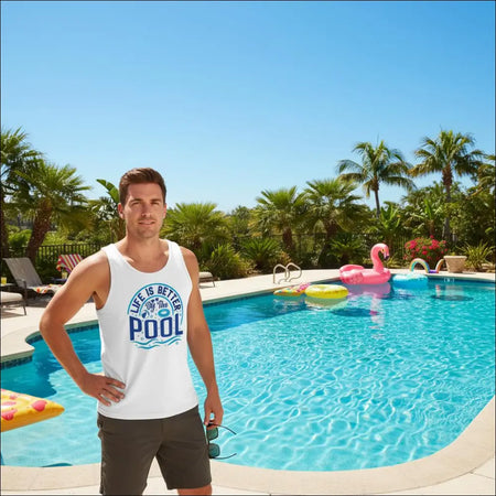Men’s white classic fit cotton jersey tank top with blue Life is Better by the Pool graphic