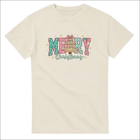 Merry Christmas family t-shirt in cream cotton with festive graphic