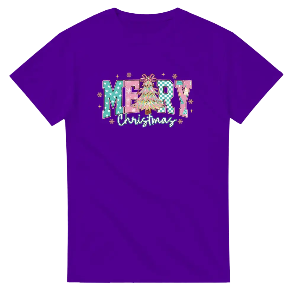 Purple Merry Christmas family t-shirt with festive tree graphic