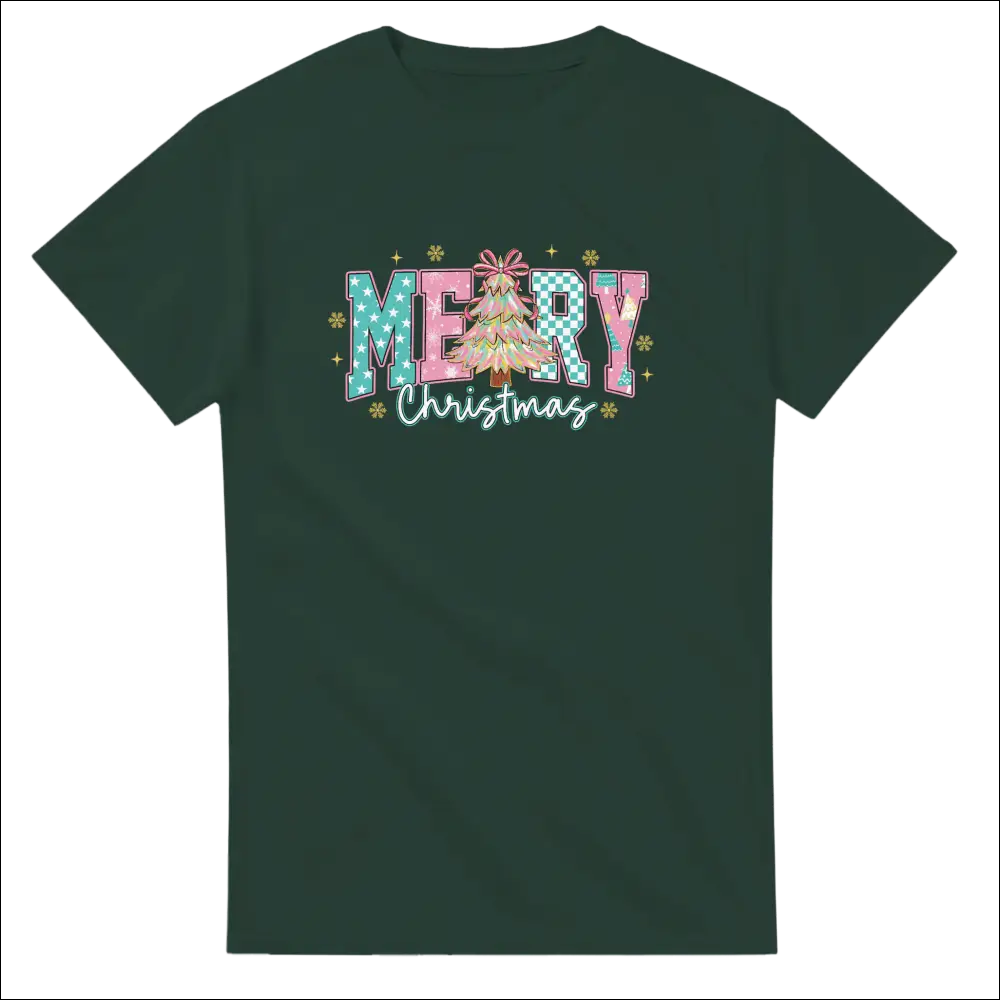Dark green Merry Christmas Family T-shirt with festive tree graphic