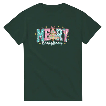 Dark green Merry Christmas Family T-shirt with festive tree graphic
