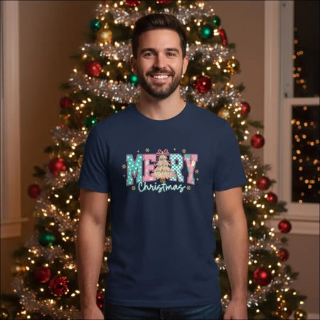 Navy blue cotton Merry Christmas family t-shirt with festive tree graphic