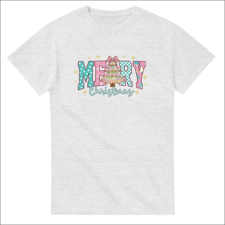 White Merry Christmas family cotton t-shirt with festive tree graphic