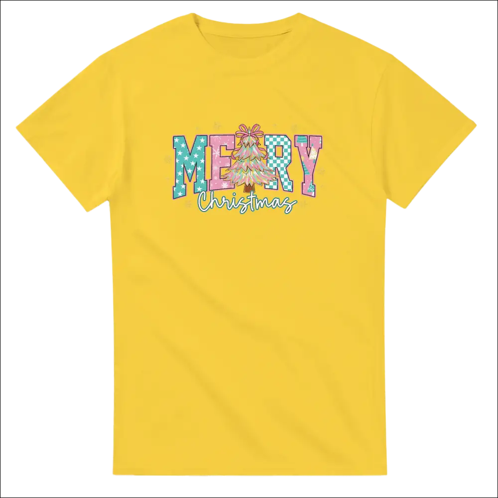 Bright yellow Merry Christmas Family T-shirt with festive tree graphic