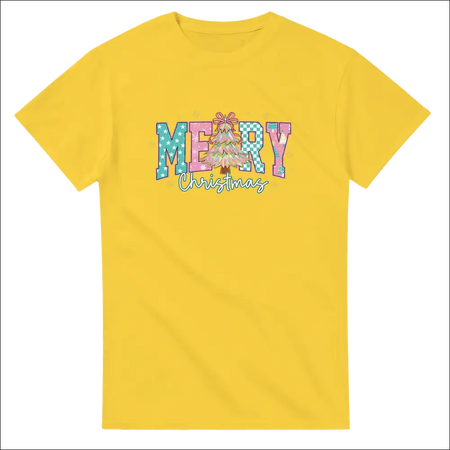 Bright yellow Merry Christmas Family T-shirt with festive tree graphic