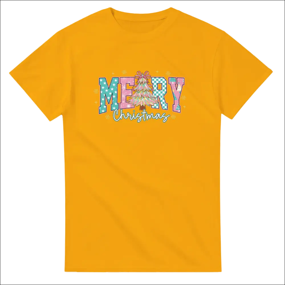 Vibrant yellow Merry Christmas family t-shirt with festive tree graphic