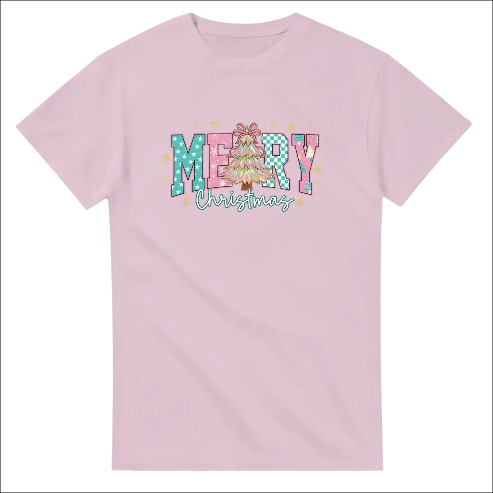Soft pink Merry Christmas family t-shirt with festive graphic and tree design