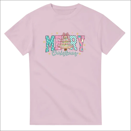 Soft pink Merry Christmas family t-shirt with festive graphic and tree design