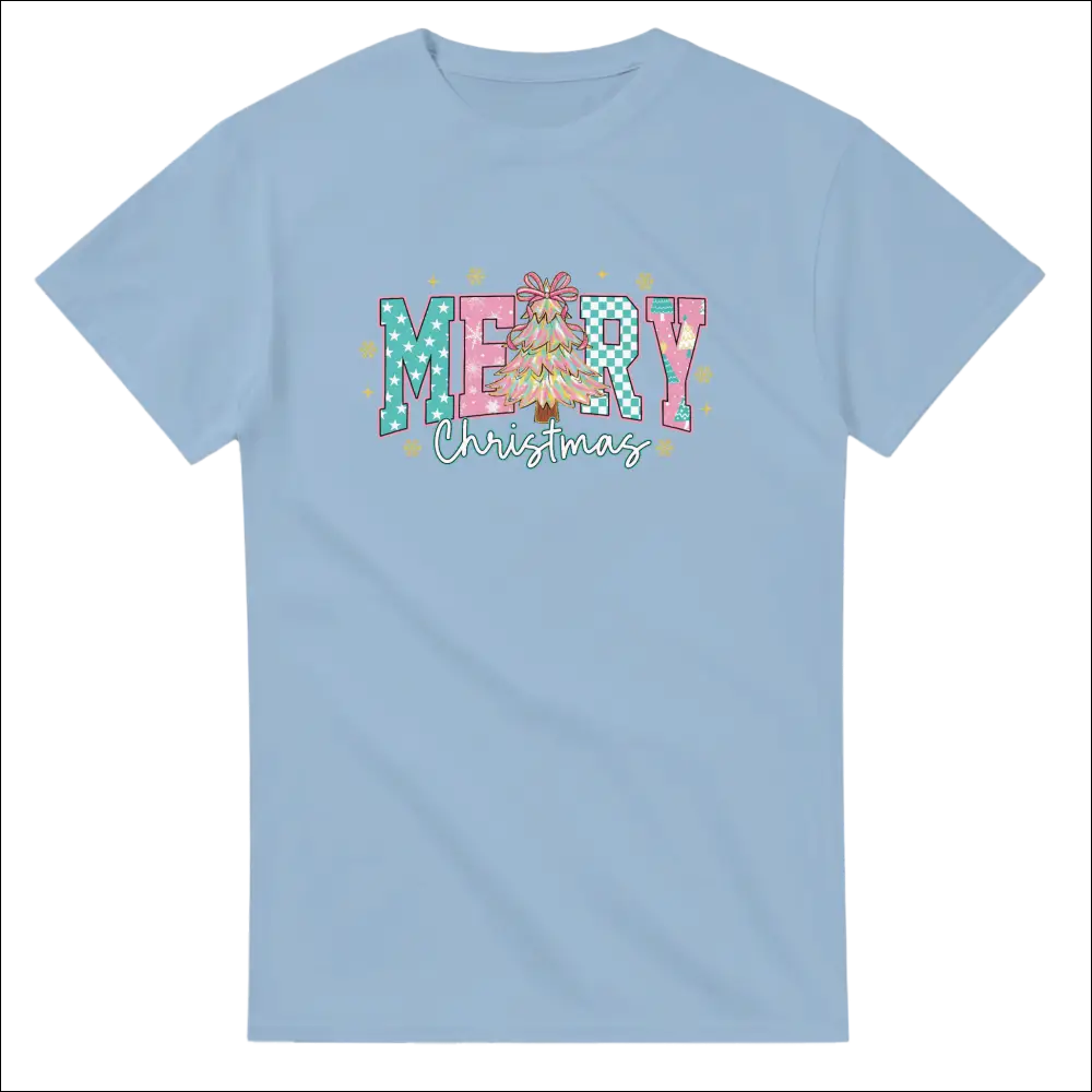 Light blue Merry Christmas family t-shirt with festive tree graphic
