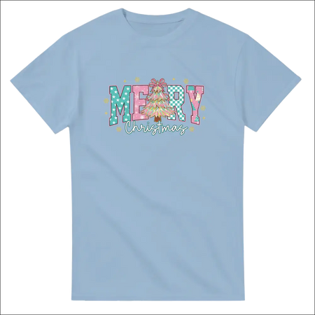 Light blue Merry Christmas family t-shirt with festive tree graphic