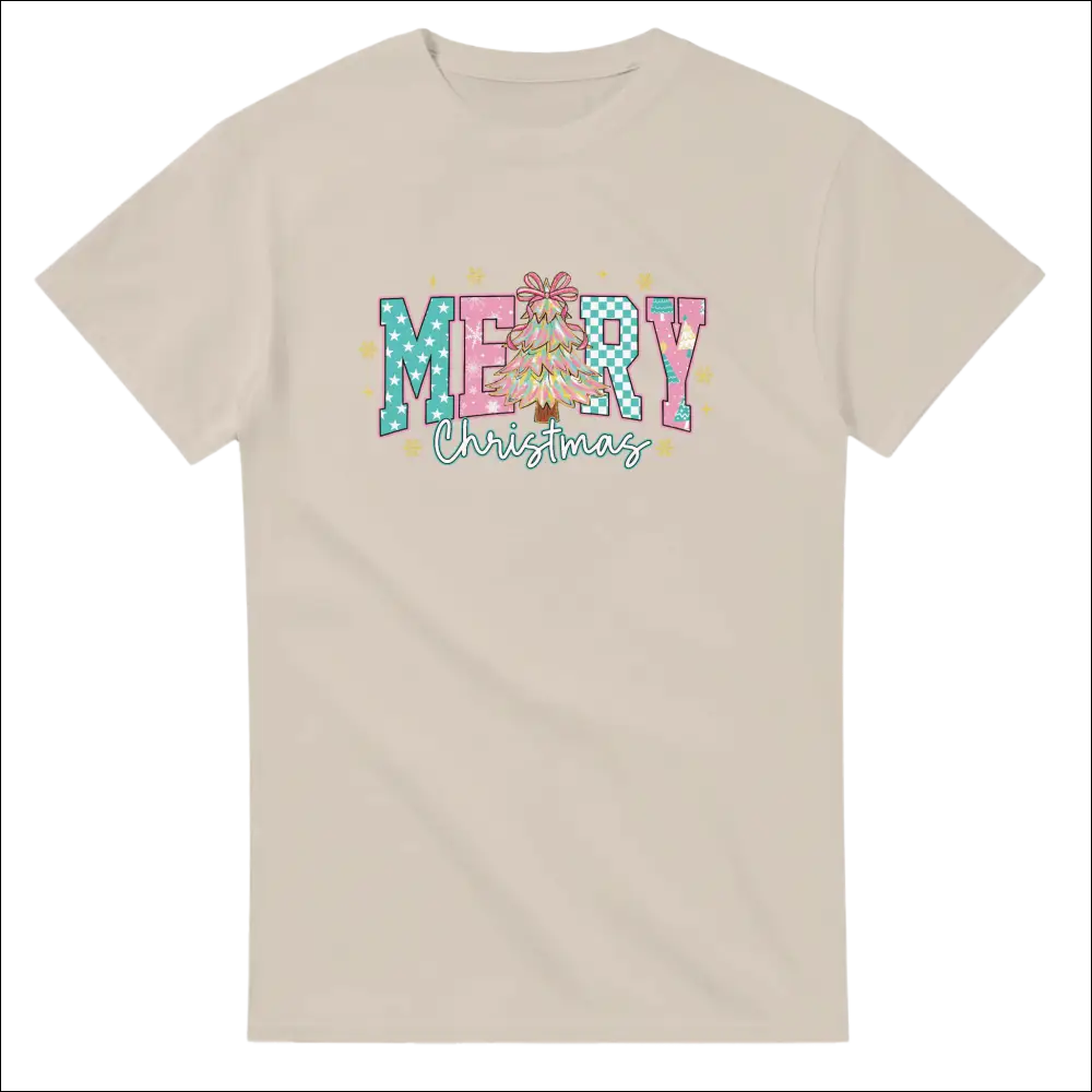 Beige short-sleeved Merry Christmas family t-shirt with colorful festive tree graphic