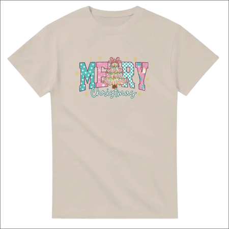 Beige short-sleeved Merry Christmas family t-shirt with colorful festive tree graphic
