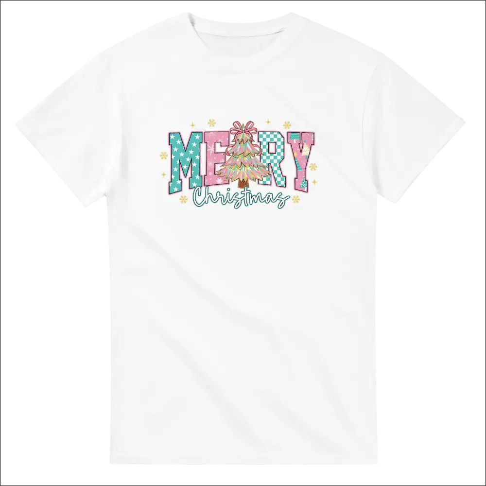 White cotton Merry Christmas family t-shirt with festive tree graphic