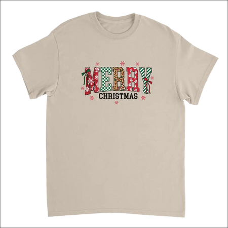 Beige Merry Christmas heavyweight cotton t-shirt with festive graphic